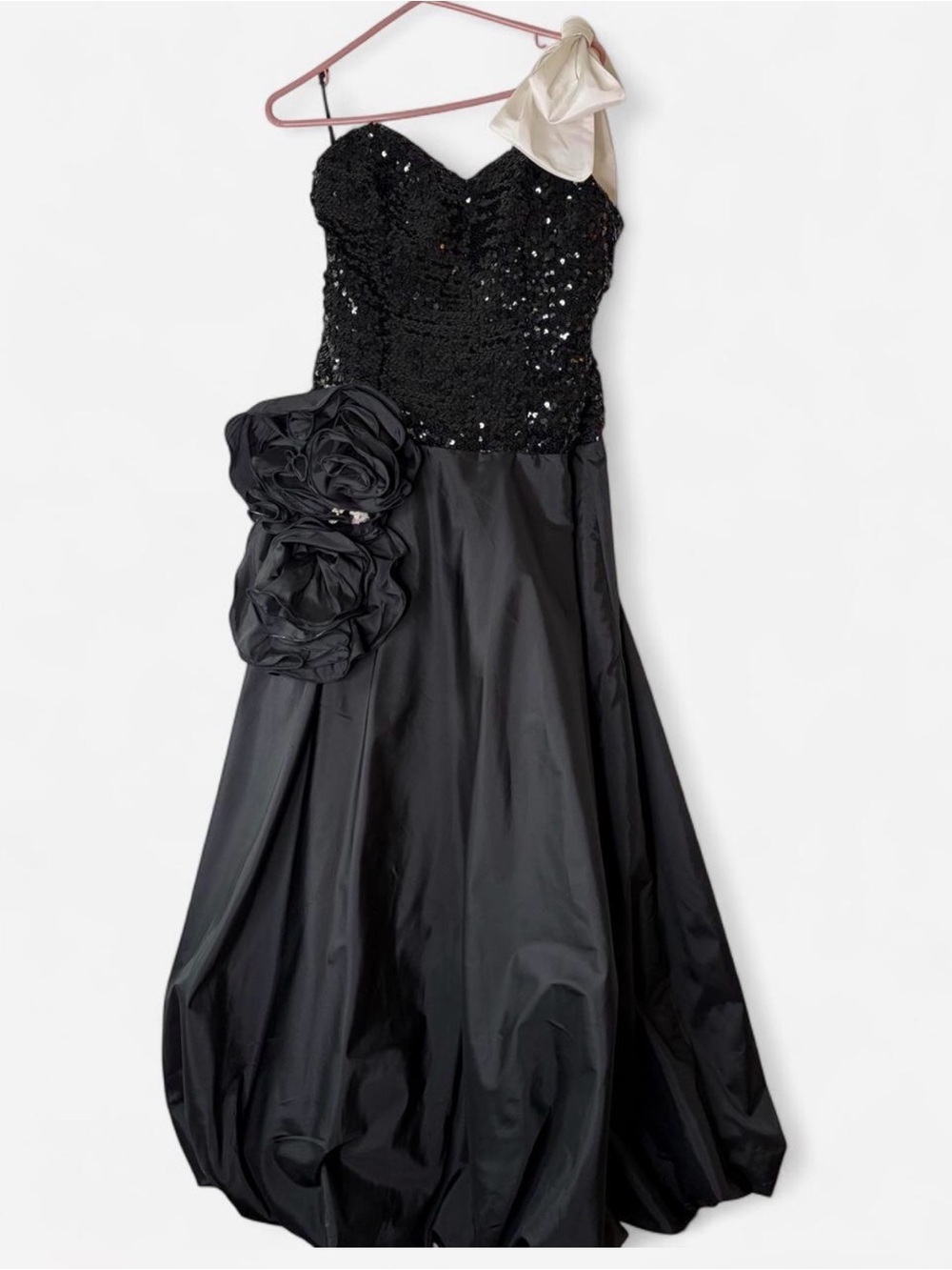 Vintage 80s Black Sequin Strapless Bubble Hem Gown White Bow Rosette Size 12